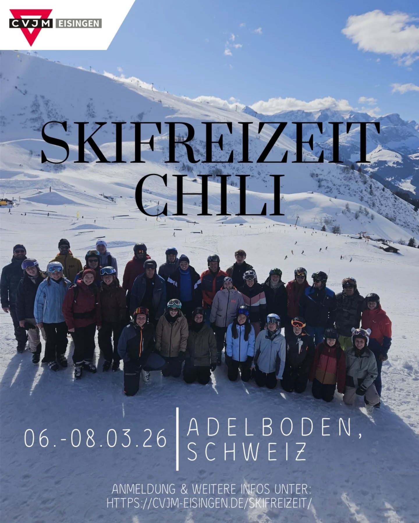 🎿 Skifreizeit Chili 2026 ⛷️🏂
Für alle Ski- & Snowboardbegeisterten ab 16 Jahren!
Erlebt ein Wochenende voller verschneiter Berge, unendlicher Pistenkilometer und einer großartigen Gemeinschaft. ❄️
Anmeldung und mehr Infos auf unserer Homepage!
#cvjmeisingen #SkifreizeitChili #SkiLiebe #SnowboardFun #Gemeinschaft